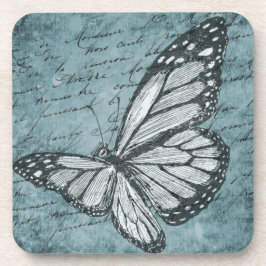 ヴィンテージブルーバタフライカリグラフィーデザイン コースター