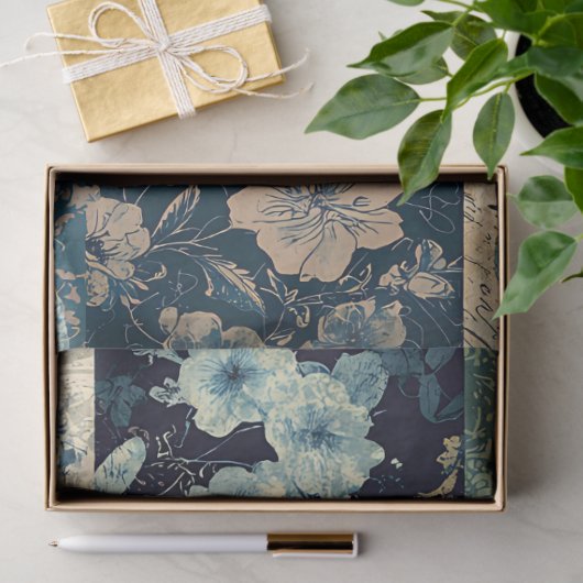 ヴィンテージブルーバタフライデカッページフローラコラージュ 薄葉紙 (ギフト)