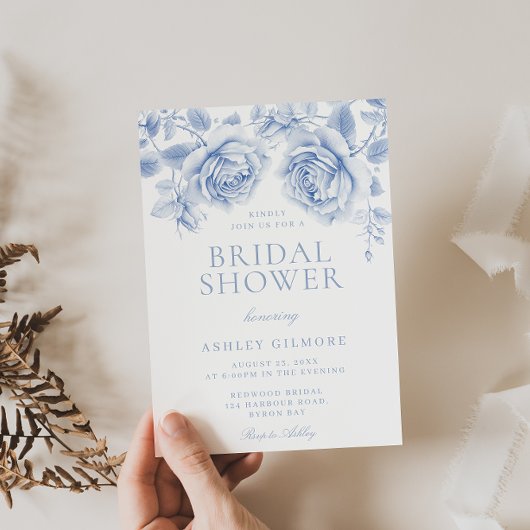 ヴィンテージブルーバラエレガントブライダルシャワー 招待状