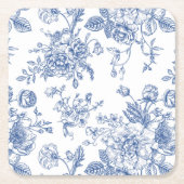 ヴィンテージブルーバラフローラルパターン スクエアペーパーコースター (正面)