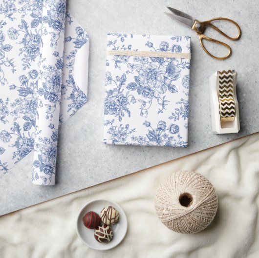 ヴィンテージブルーバラフローラルパターン ラッピングペーパー (クラフト)