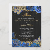 ヴィンテージブルーバラブラック金ゴールドレーススウィート16 招待状 (正面)