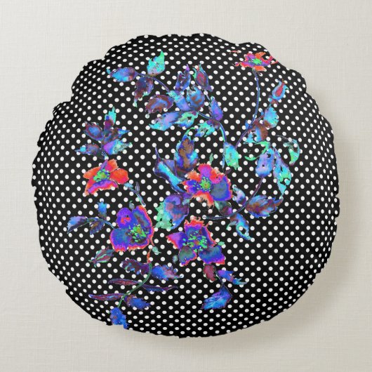 ヴィンテージブルーバラブラック/ホワイトポルカドット ラウンドクッション (正面)