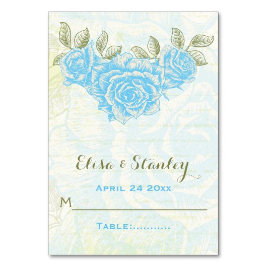 ヴィンテージブルーバラ結婚の折り畳みエスコートカード テーブルナンバー (正面)