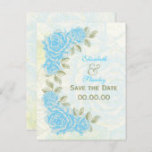 ヴィンテージブルーバラ結婚式Dateポストカードを保存 案内ポストカード (正面/裏面)