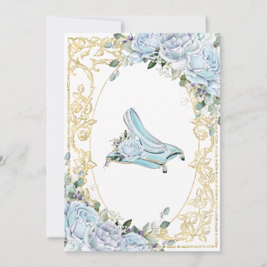 ヴィンテージブルーバラ金ゴールドプリンセスベビーシャワー 招待状 (裏面)