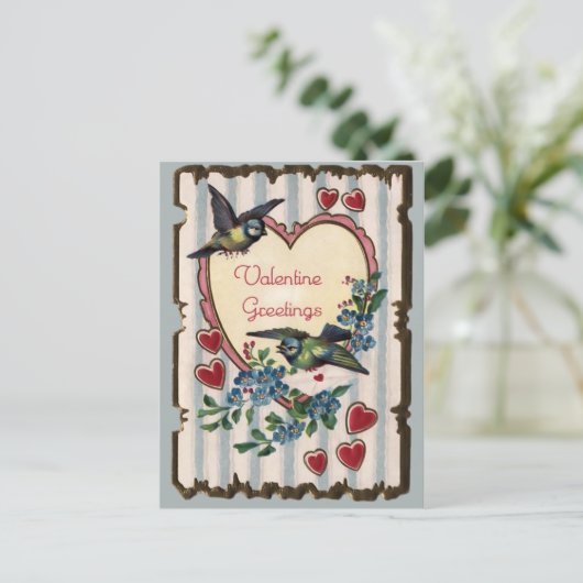 ヴィンテージブルーバードとハートバレンタインポストカード シーズンポストカード (スタンド正面)
