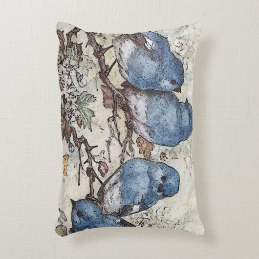 ヴィンテージブルーバードイラストレーションかわいい鳥自然 アクセントクッション (正面(垂直))