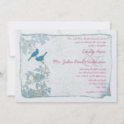 ヴィンテージブルーバードダマスクピンクフォント結婚式の招待 招待状 (正面)