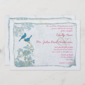 ヴィンテージブルーバードダマスクピンクフォント結婚式の招待 招待状 (正面/裏面)