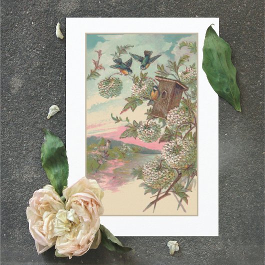 ヴィンテージブルーバードハウスアジサイ誕生日 カード