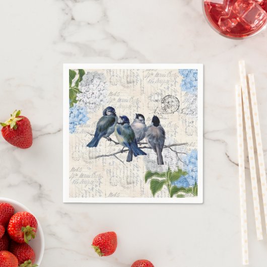 ヴィンテージブルーバードフラワーズイタリアン紙ナプキンス スタンダードカクテルナプキン (インサイチュ)
