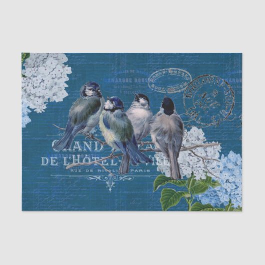 ヴィンテージブルーバードフラワーズフランスのティッシュペーパー 薄葉紙 (正面)