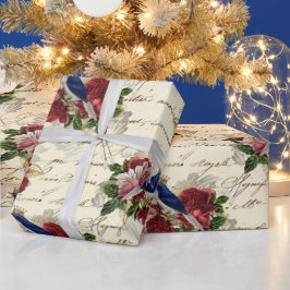 ヴィンテージブルーバードフローラクリスマス ラッピングペーパー