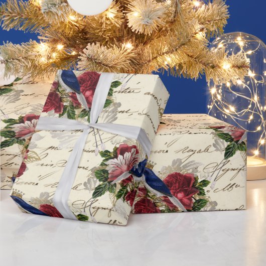 ヴィンテージブルーバードフローラクリスマス ラッピングペーパー (クリスマス)