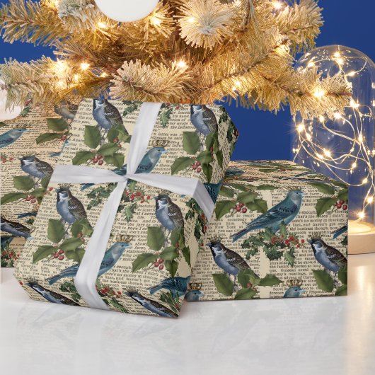 ヴィンテージブルーバードホリーニュースプリントのクリスマス  ラッピングペーパー (クリスマス)