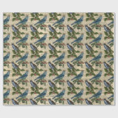 ヴィンテージブルーバードホリーニュースプリントのクリスマス  ラッピングペーパー (フラット)