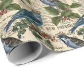ヴィンテージブルーバードホリーニュースプリントのクリスマス  ラッピングペーパー (ロールコーナー)