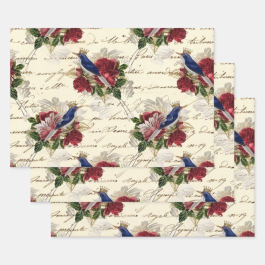 ヴィンテージブルーバード(冠とバラ) ラッピングペーパーシート (セット)