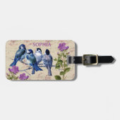 ヴィンテージブルーバード、紫色の花、ベージュミュージック ラゲッジタグ (正面横)