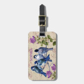 ヴィンテージブルーバード、紫色の花、ベージュミュージック ラゲッジタグ (正面縦)