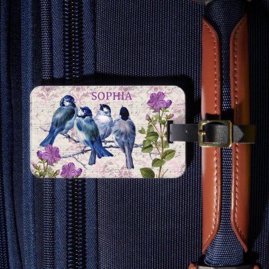 ヴィンテージブルーバード、紫色の花、ラベンダーミュージック ラゲッジタグ (正面インサイチュ4)