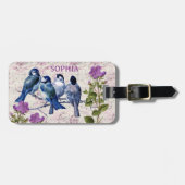 ヴィンテージブルーバード、紫色の花、ラベンダーミュージック ラゲッジタグ (正面横)