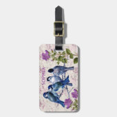 ヴィンテージブルーバード、紫色の花、ラベンダーミュージック ラゲッジタグ (正面縦)