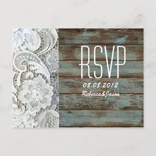 ヴィンテージブルーバーンウッドレースカントリー結婚式RSVP インビテーションポストカード (正面)