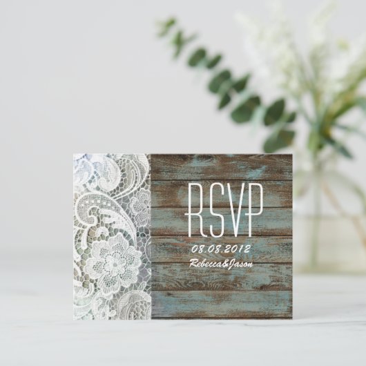 ヴィンテージブルーバーンウッドレースカントリー結婚式RSVP インビテーションポストカード (スタンド正面)