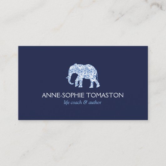 ヴィンテージブルーパターン（の模様が）あるゾウのロゴ 名刺 (正面)