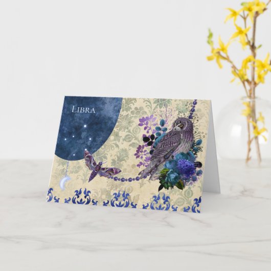 ヴィンテージブルーパープル〔占星術の〕十二宮図リブラ誕生日 カード (黄色い花)