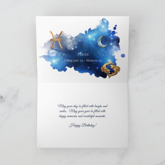 ヴィンテージブルーパープル〔占星術の〕十二宮図魚座誕生日 カード (内部)