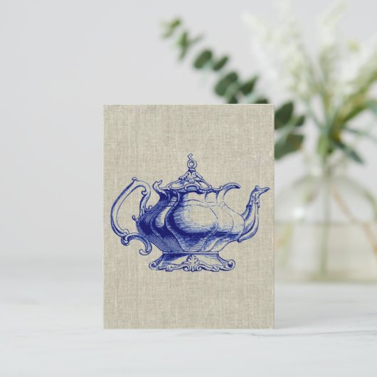 ヴィンテージブルービクトリアンティーポットデザインティー恋人 ポストカード (スタンド正面)