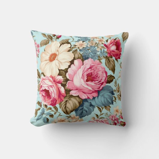 ヴィンテージブルーピンクフローラガーデン クッション (正面)