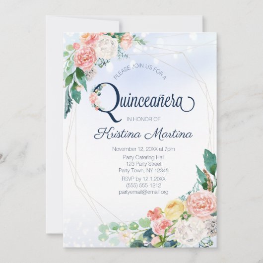 ヴィンテージブルーピンクフローラキンセアニェラ誕生日 招待状 (正面)