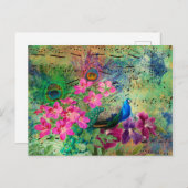 ヴィンテージブルーピーコックティール(緑がかった色)ミュージックピンクの花 ポストカード (正面/裏面)