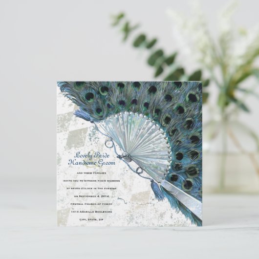 ヴィンテージブルーピーコックファン結婚式招待状 招待状 (スタンド正面)