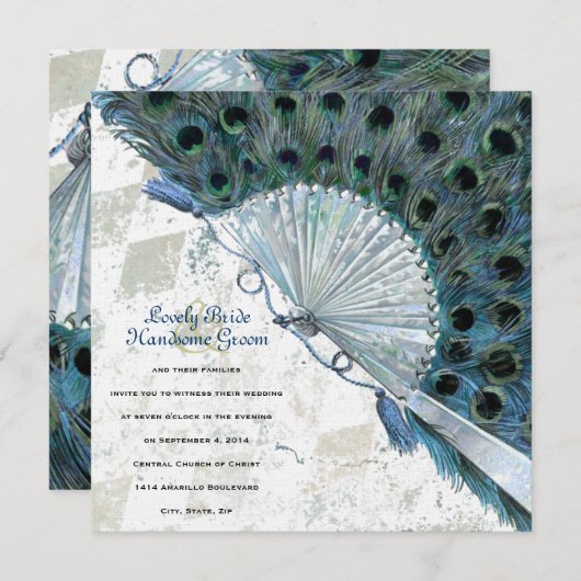 ヴィンテージブルーピーコックファン結婚式招待状 招待状 (正面/裏面)