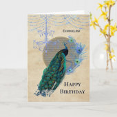 ヴィンテージブルーピーコックフェザーシャンデリア誕生日 カード (黄色い花)