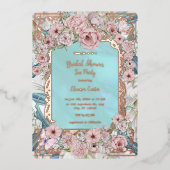 ヴィンテージブルーピーニーブライダルシャワーティーパーティー 箔招待状 (正面)