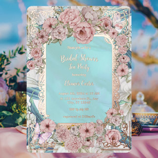 ヴィンテージブルーピーニーブライダルシャワーティーパーティー 箔招待状