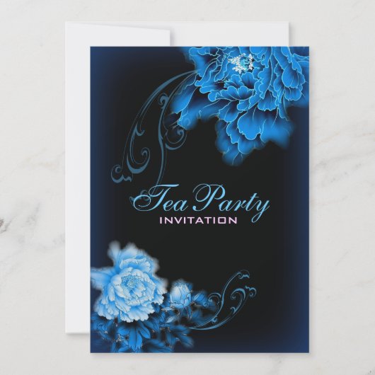 ヴィンテージブルーピーニー春フローラブライダルティーパーティー 招待状 (正面)