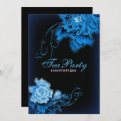 ヴィンテージブルーピーニー春フローラブライダルティーパーティー 招待状 (正面/裏面)