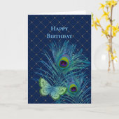 ヴィンテージブルーフェザーバタフライ誕生日 カード (黄色い花)