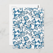 ヴィンテージブルーフラワーズイラストレーションパタン ポストカード (正面/裏面)