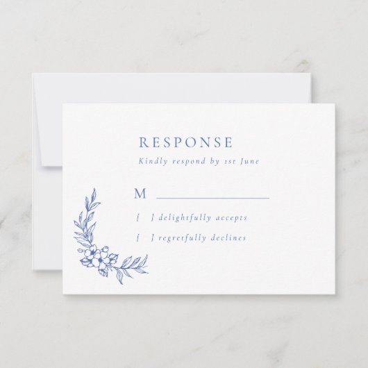 ヴィンテージブルーフラワー葉ズ&ウェディングRSVPカード 出欠カード (正面)
