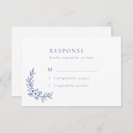 ヴィンテージブルーフラワー葉ズ&ウェディングRSVPカード 出欠カード (正面/裏面)
