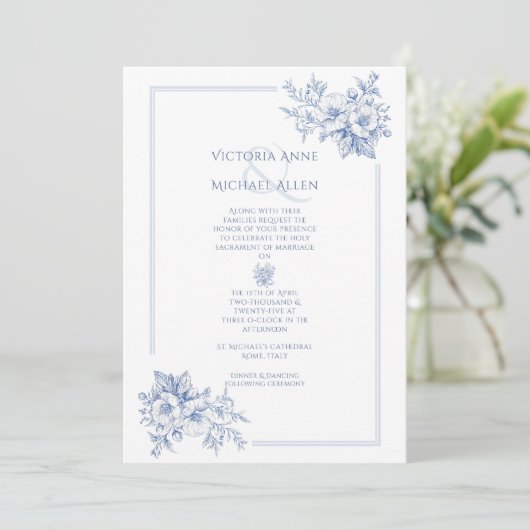 ヴィンテージブルーフレームフローラエレガントな結婚式 招待状 (スタンド正面)