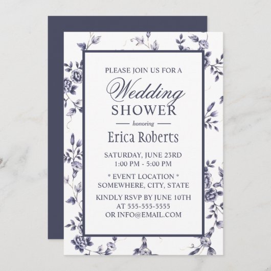 ヴィンテージブルーフローラエレガントなウェディングシャワー 招待状 (正面/裏面)